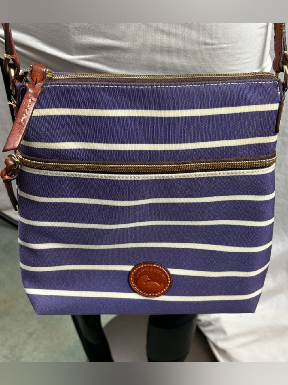 Dooney & Bourke Purple and White Striped Crossbody Bag with Tan Leather Strap